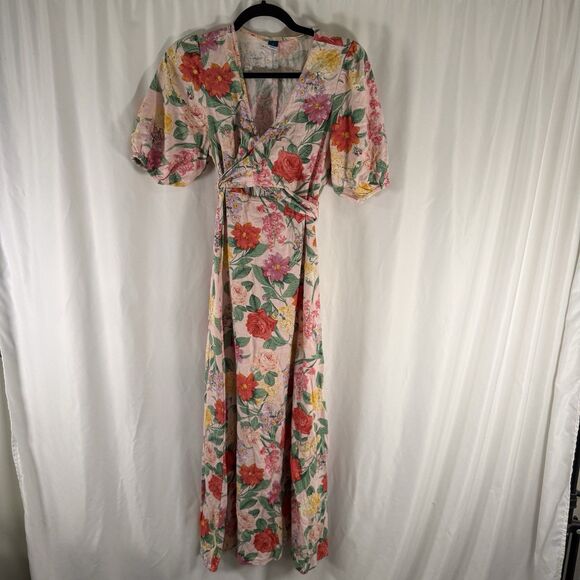 Old Navy Dresses & Skirts - Old Navy Linen Blend Maxi Dress Women's Small Pink Floral Wrap Top Puff Sleeve